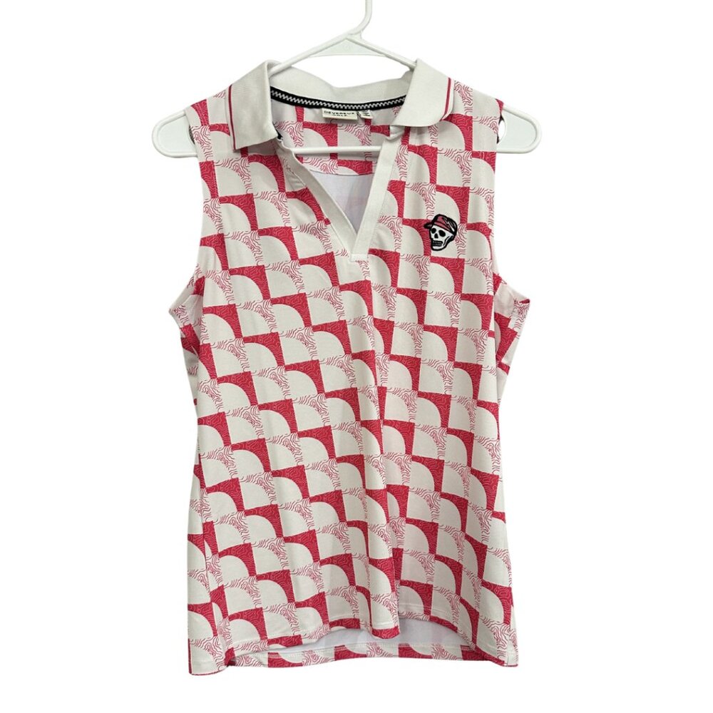 Sleeveless Polo Muscle Tee in White and Red with Skull Patch